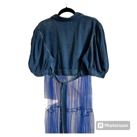 XPLUS WEAR Short Puffed Sleeves Tie Waist Tiered Tulle Hem Denim Blouse size 3XL - Picture 6 of 7
